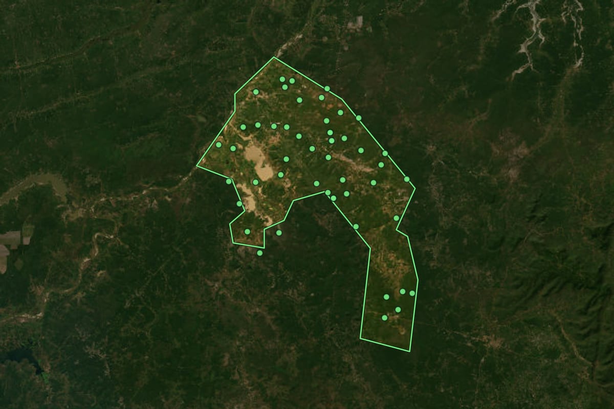 Imagem de satélite de Buriti dos Lopes (PI), com o contorno do município e a posição dos imóveis desta página.