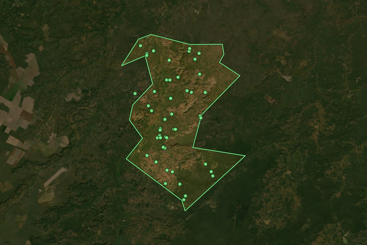 Imagem de satélite de Canavieira (PI), com o contorno do município e a posição dos imóveis desta página.