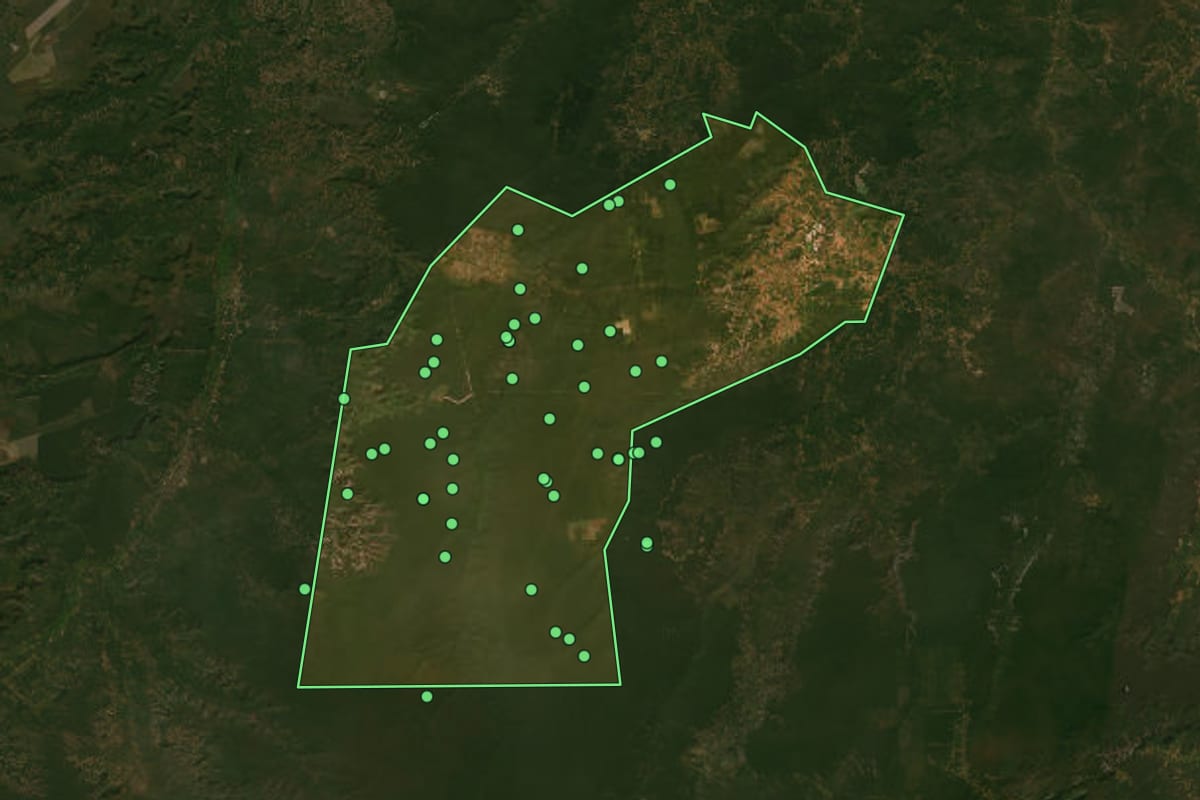 Imagem de satélite de Canto do Buriti (PI), com o contorno do município e a posição dos imóveis desta página.