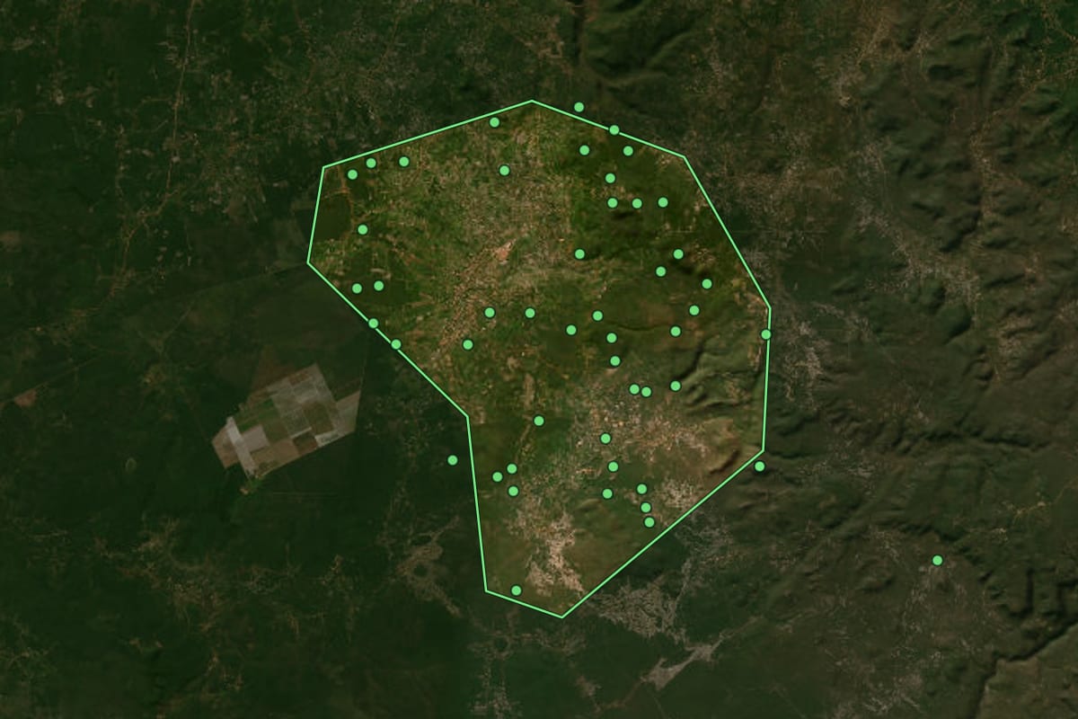 Imagem de satélite de Cocal dos Alves (PI), com o contorno do município e a posição dos imóveis desta página.