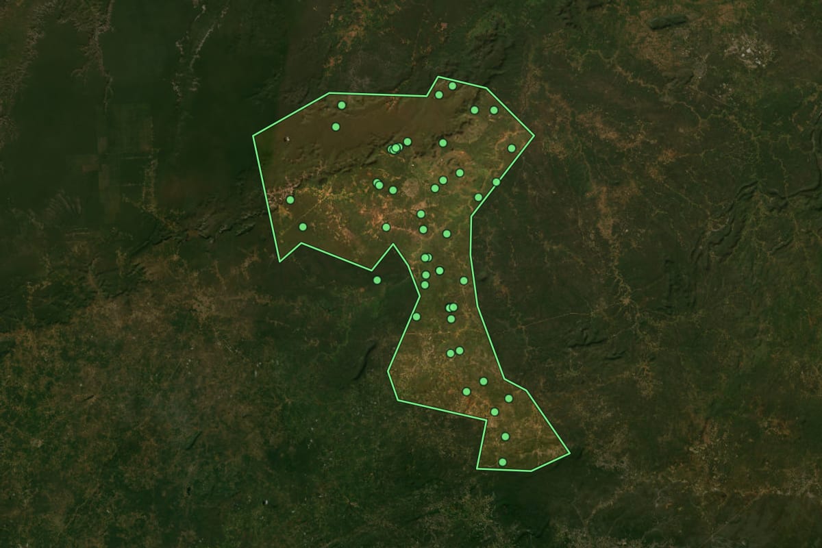 Imagem de satélite de Coronel José Dias (PI), com o contorno do município e a posição dos imóveis desta página.