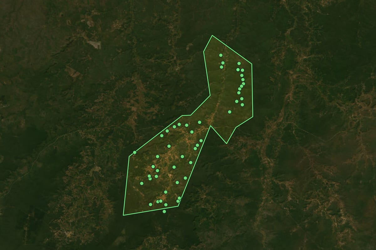 Imagem de satélite de Flores do Piauí (PI), com o contorno do município e a posição dos imóveis desta página.