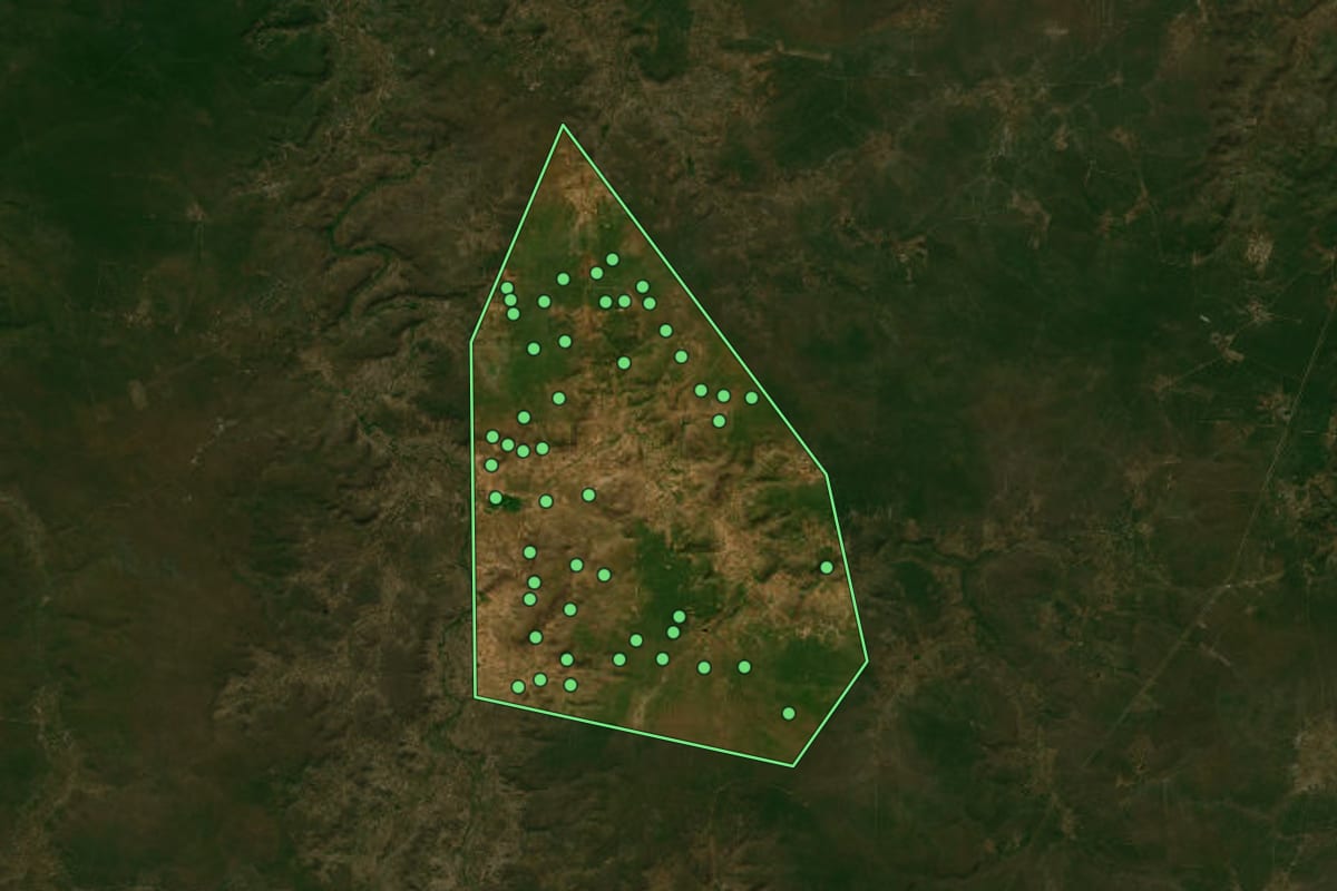 Imagem de satélite de Floresta do Piauí (PI), com o contorno do município e a posição dos imóveis desta página.