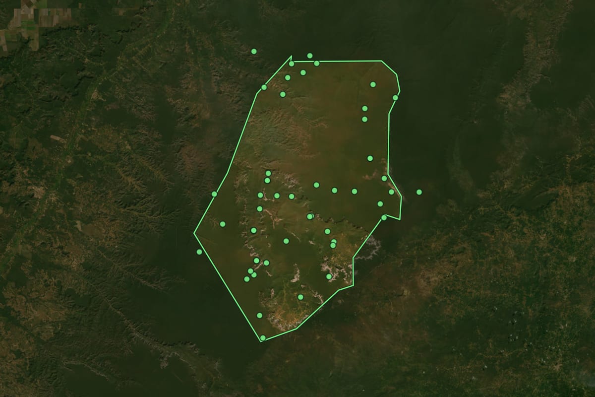 Imagem de satélite de Guaribas (PI), com o contorno do município e a posição dos imóveis desta página.