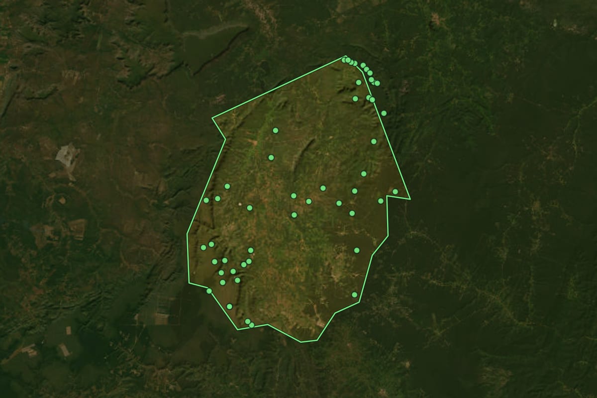 Imagem de satélite de Júlio Borges (PI), com o contorno do município e a posição dos imóveis desta página.