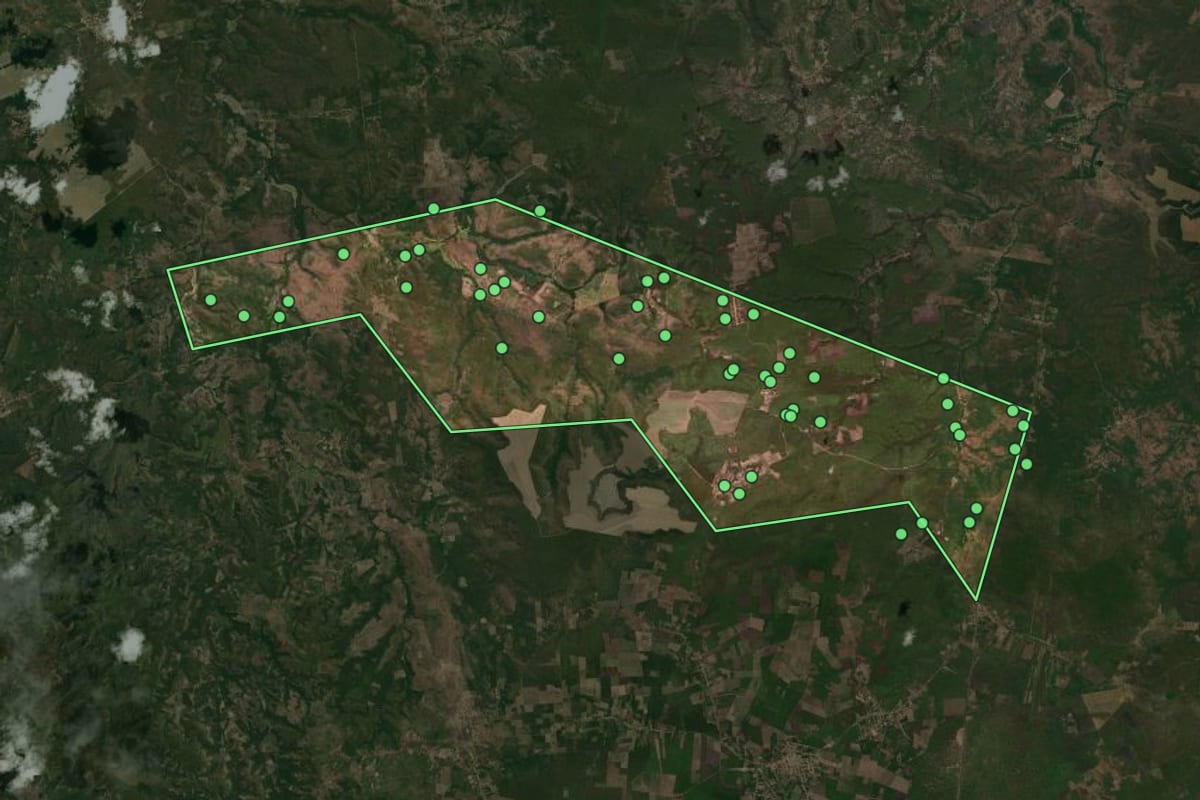 Imagem de satélite de Miguel Leão (PI), com o contorno do município e a posição dos imóveis desta página.