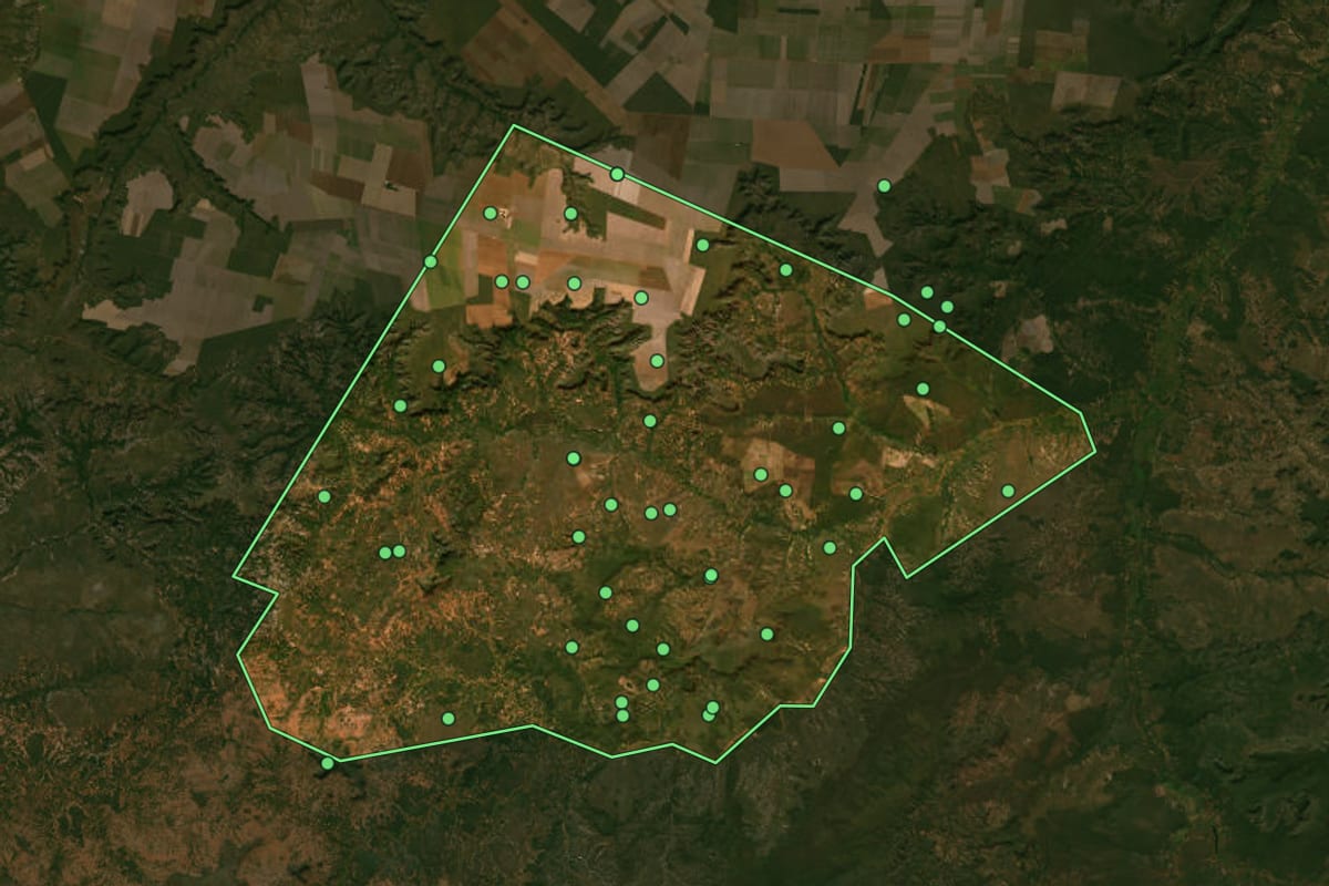Imagem de satélite de Monte Alegre do Piauí (PI), com o contorno do município e a posição dos imóveis desta página.