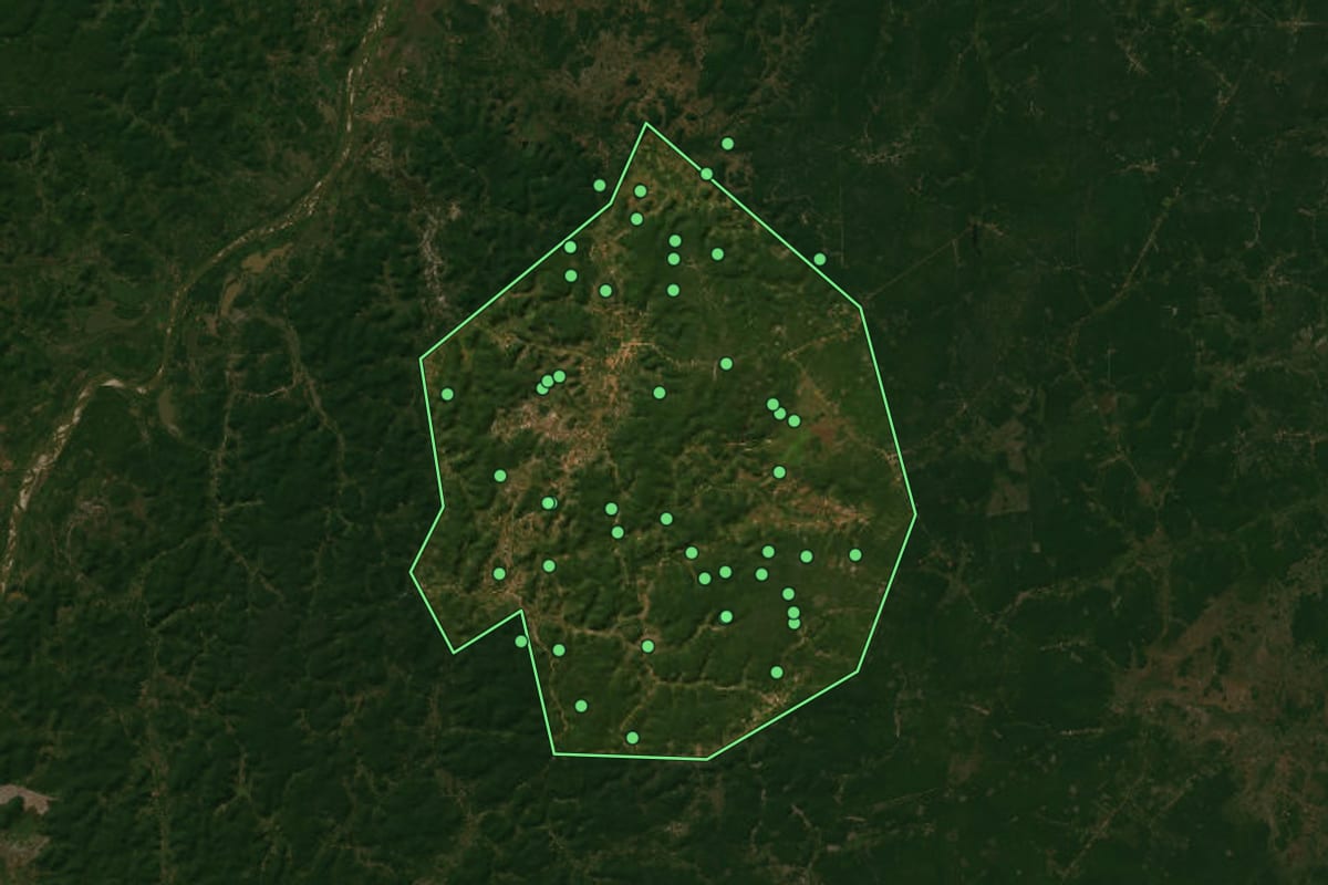 Imagem de satélite de Nossa Senhora dos Remédios (PI), com o contorno do município e a posição dos imóveis desta página.