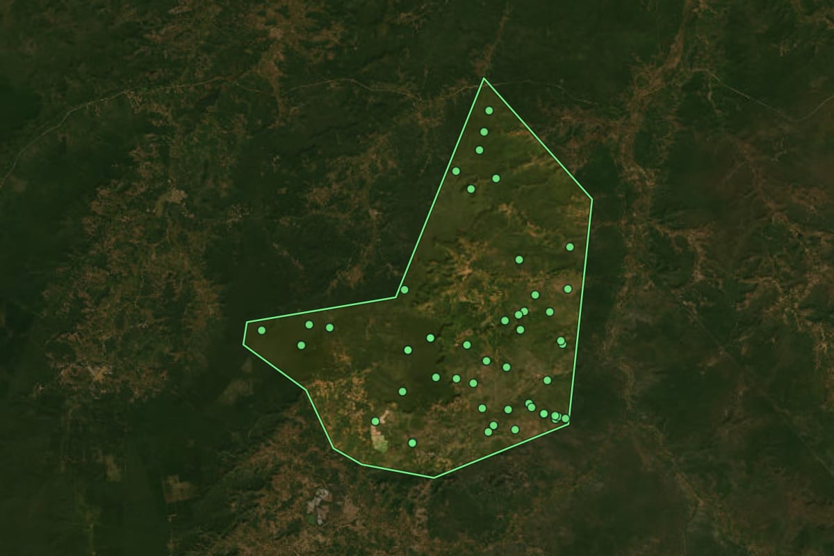 Imagem de satélite de Pajeú do Piauí (PI), com o contorno do município e a posição dos imóveis desta página.