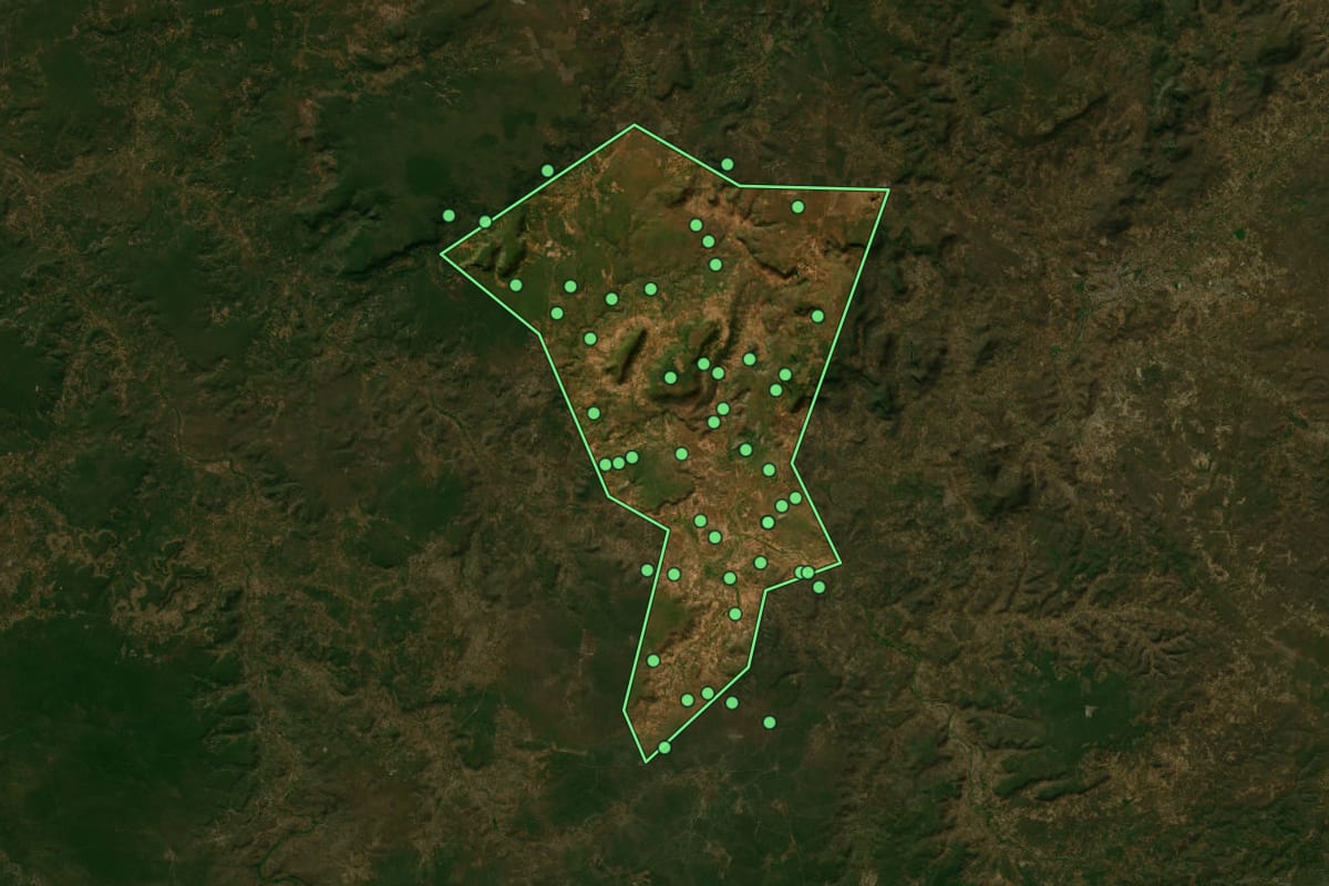 Imagem de satélite de Paquetá (PI), com o contorno do município e a posição dos imóveis desta página.