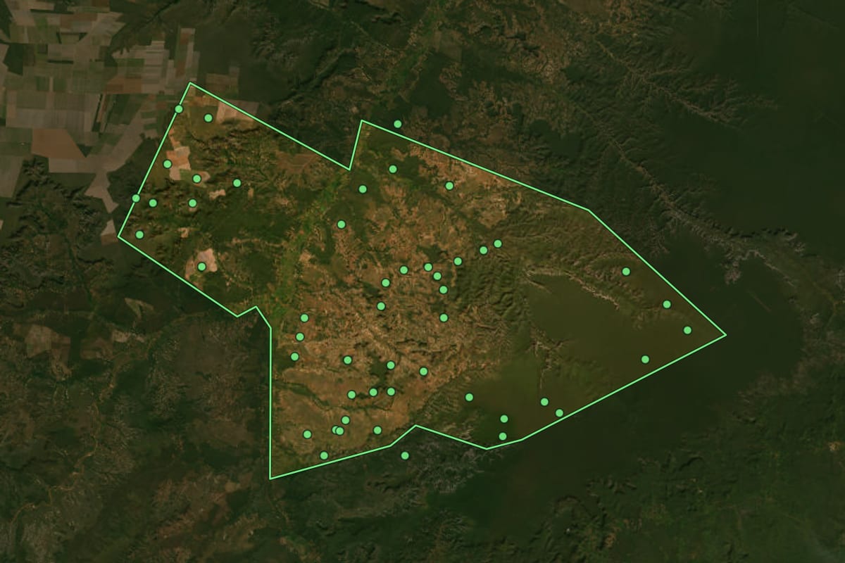 Imagem de satélite de Redenção do Gurguéia (PI), com o contorno do município e a posição dos imóveis desta página.