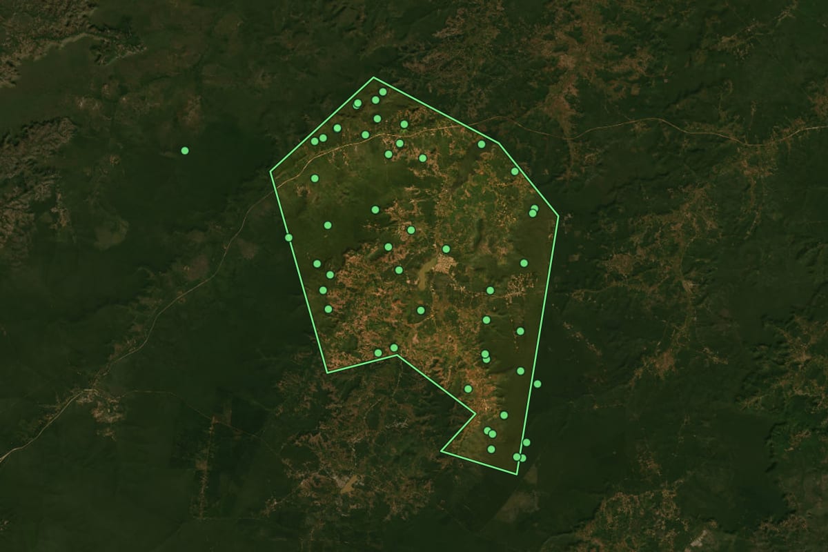 Imagem de satélite de Rio Grande do Piauí (PI), com o contorno do município e a posição dos imóveis desta página.