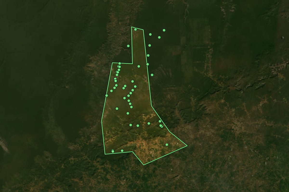Imagem de satélite de São Braz do Piauí (PI), com o contorno do município e a posição dos imóveis desta página.