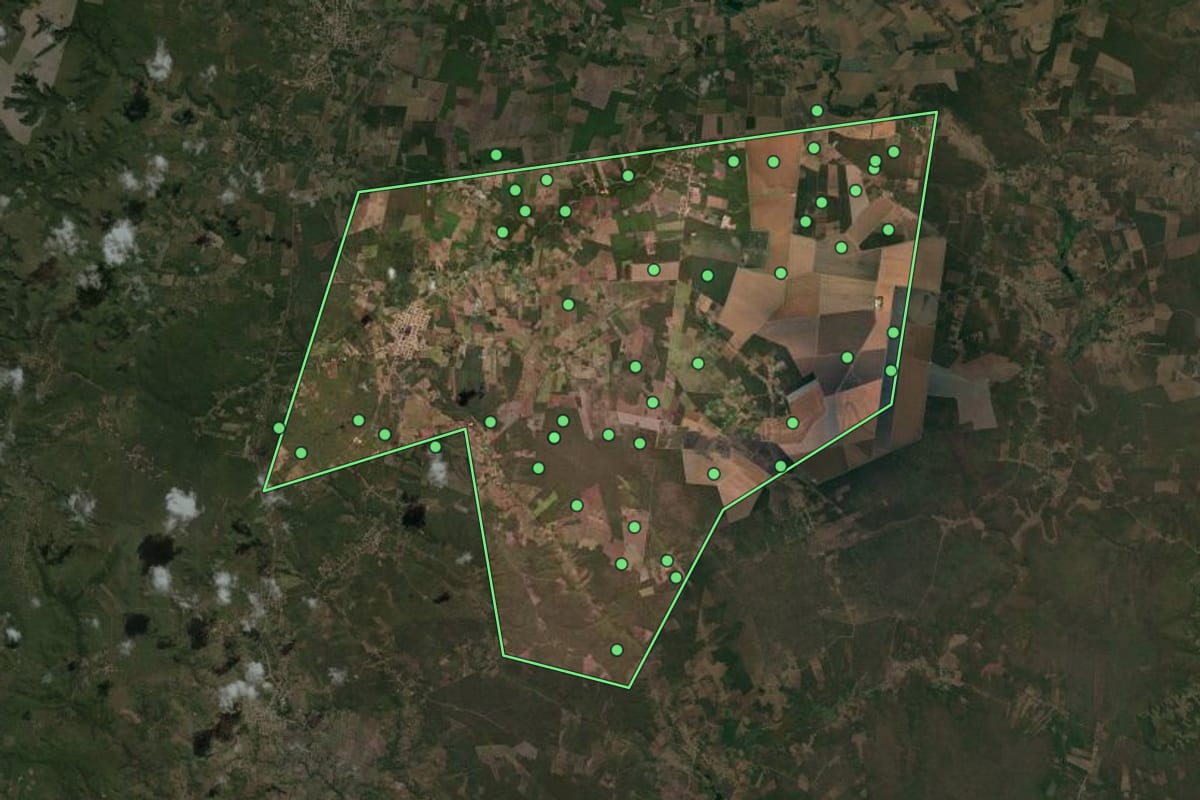 Imagem de satélite de São Gonçalo do Piauí (PI), com o contorno do município e a posição dos imóveis desta página.