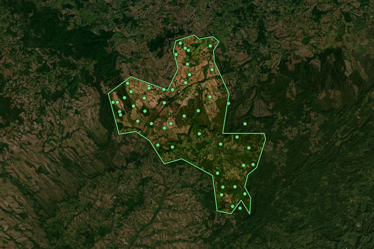 Imagem de satélite de Jaguariaíva (PR), com o contorno do município e a posição dos imóveis desta página.