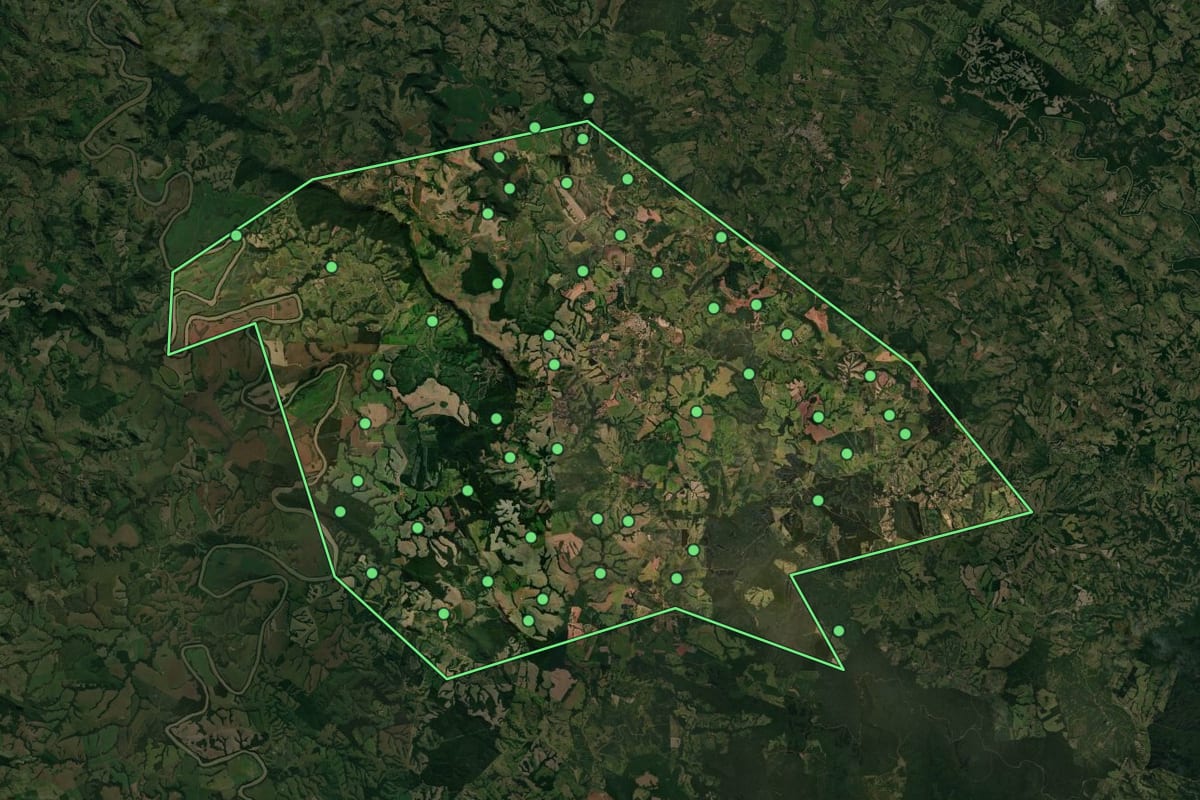 Imagem de satélite de Rio Branco do Ivaí (PR), com o contorno do município e a posição dos imóveis desta página.