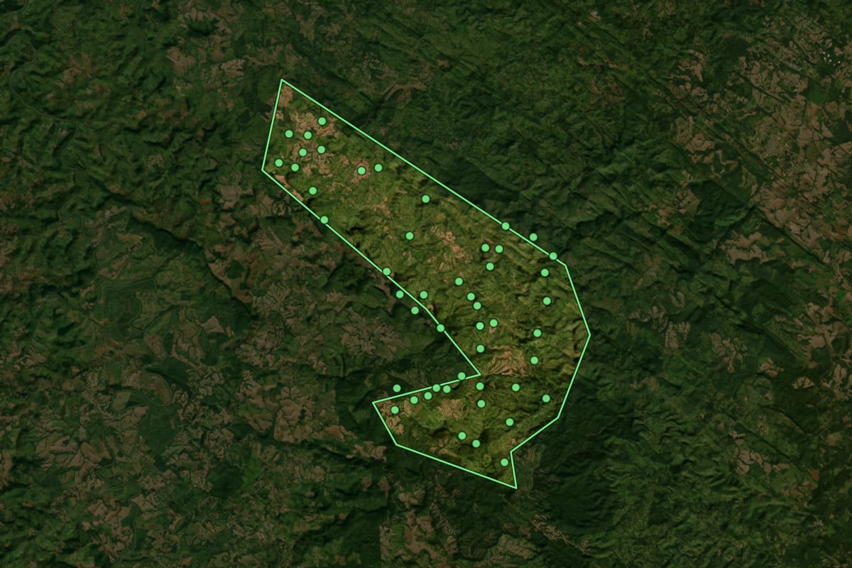 Imagem de satélite de Rosário do Ivaí (PR), com o contorno do município e a posição dos imóveis desta página.