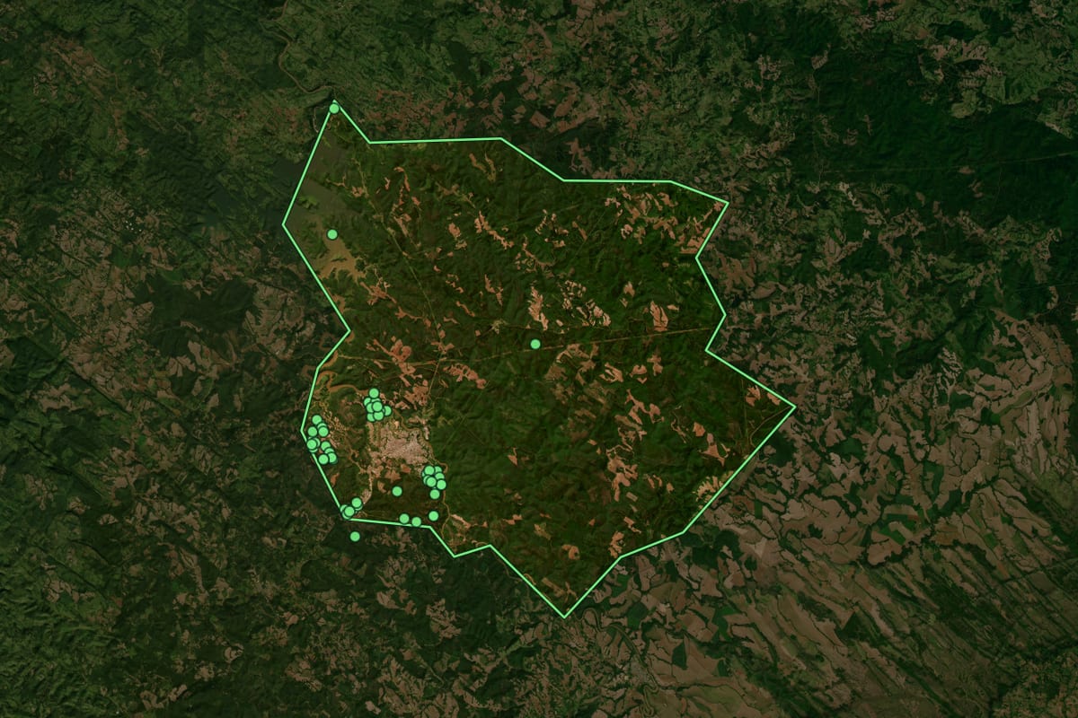 Imagem de satélite de Telêmaco Borba (PR), com o contorno do município e a posição dos imóveis desta página.