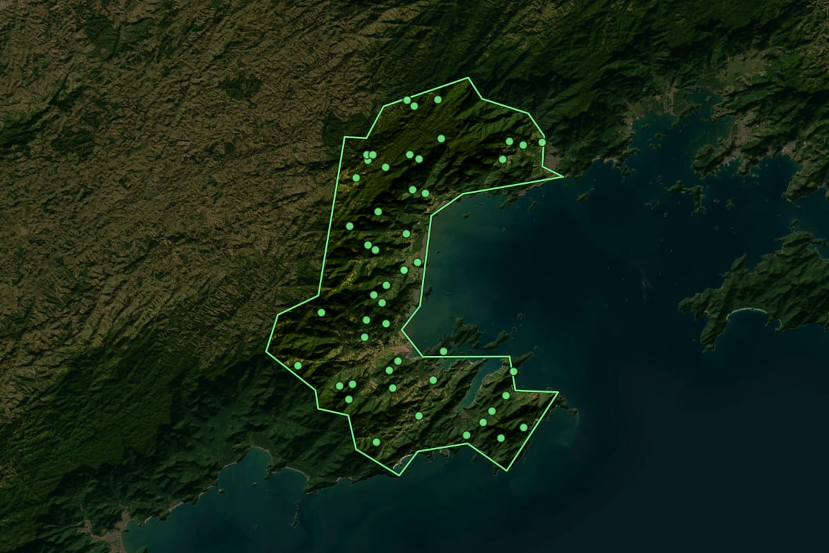 Imagem de satélite de Paraty (RJ), com o contorno do município e a posição dos imóveis desta página.