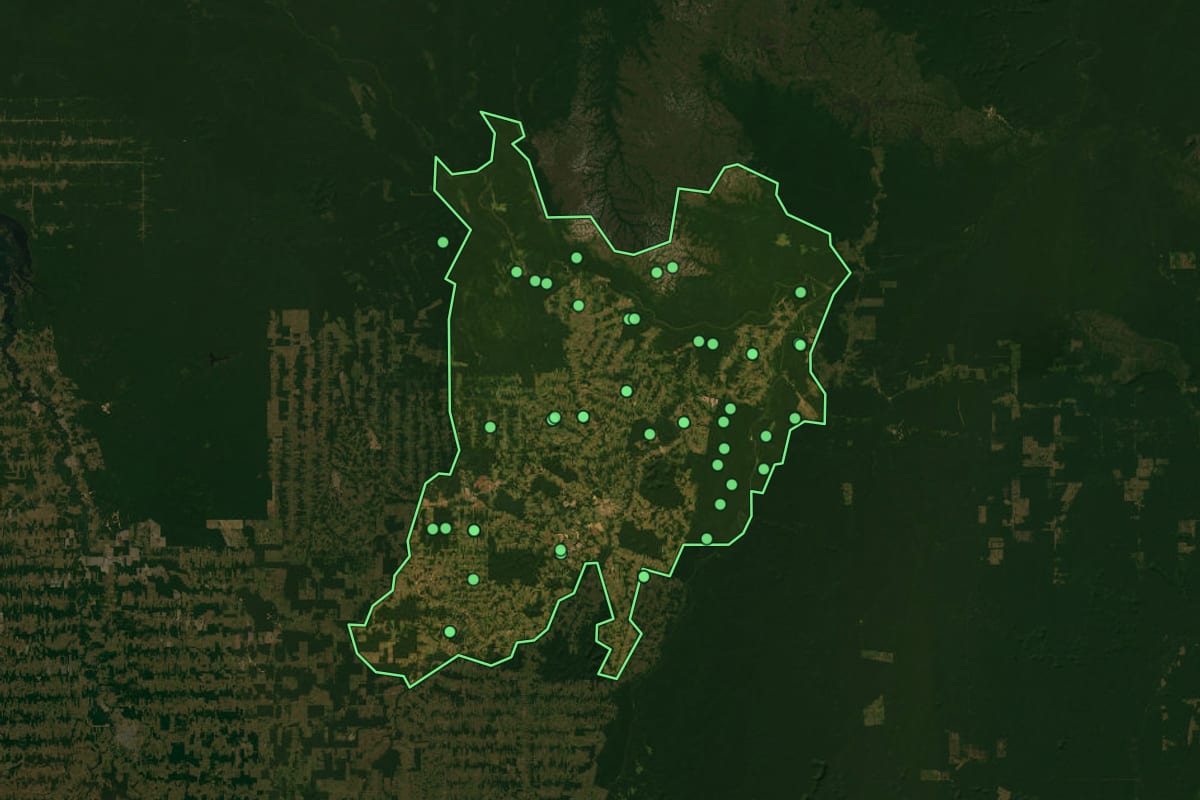 Imagem de satélite de Machadinho D'Oeste (RO), com o contorno do município e a posição dos imóveis desta página.