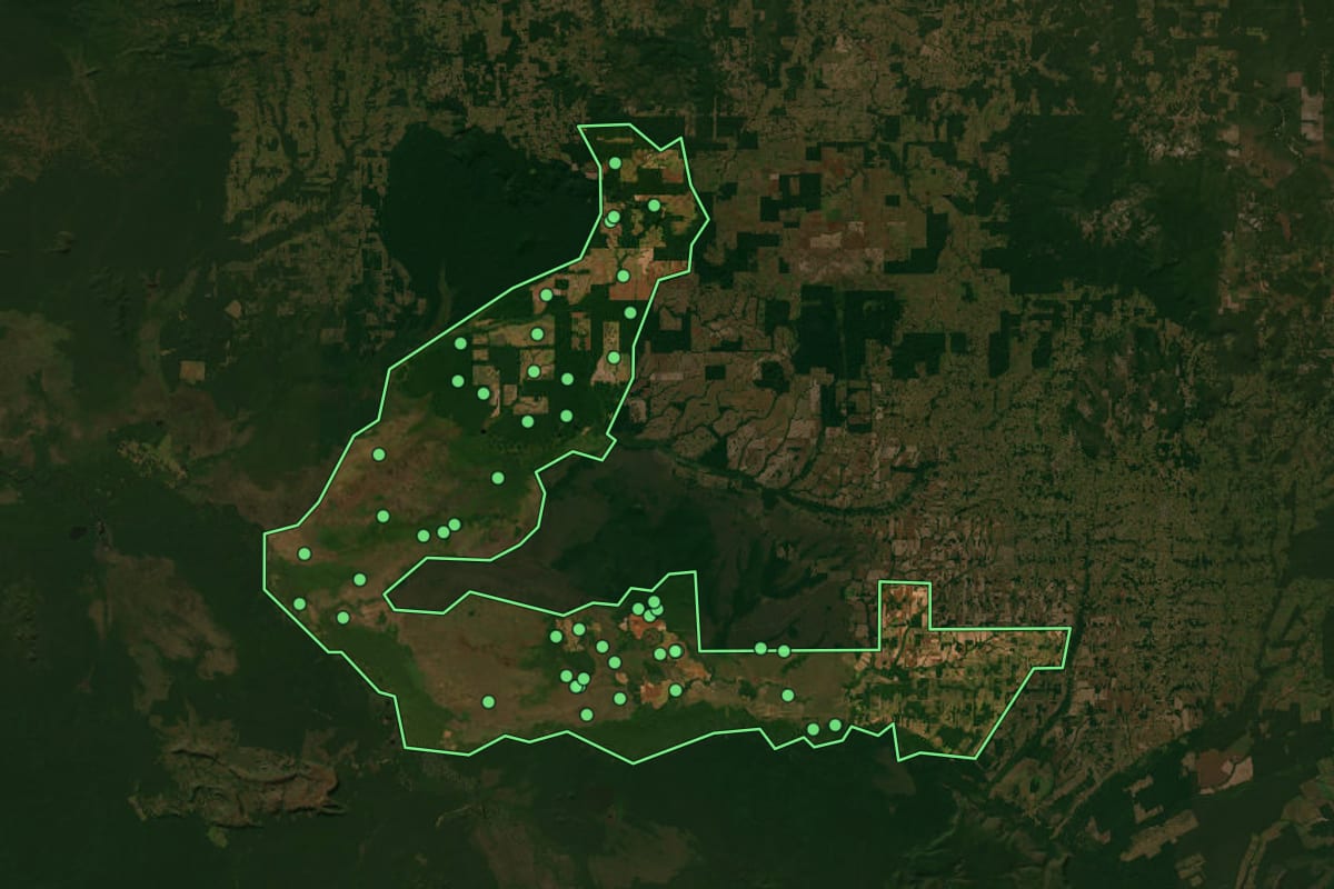 Imagem de satélite de Pimenteiras do Oeste (RO), com o contorno do município e a posição dos imóveis desta página.