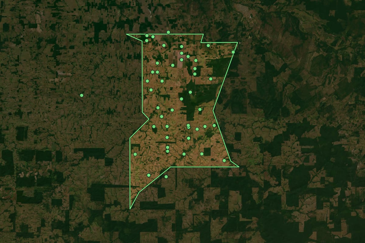 Imagem de satélite de Primavera de Rondônia (RO), com o contorno do município e a posição dos imóveis desta página.