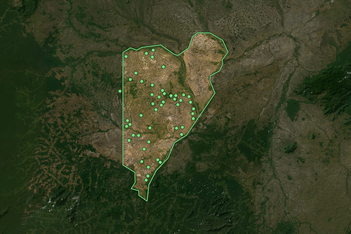 Imagem de satélite de Boa Vista (RR), com o contorno do município e a posição dos imóveis desta página.