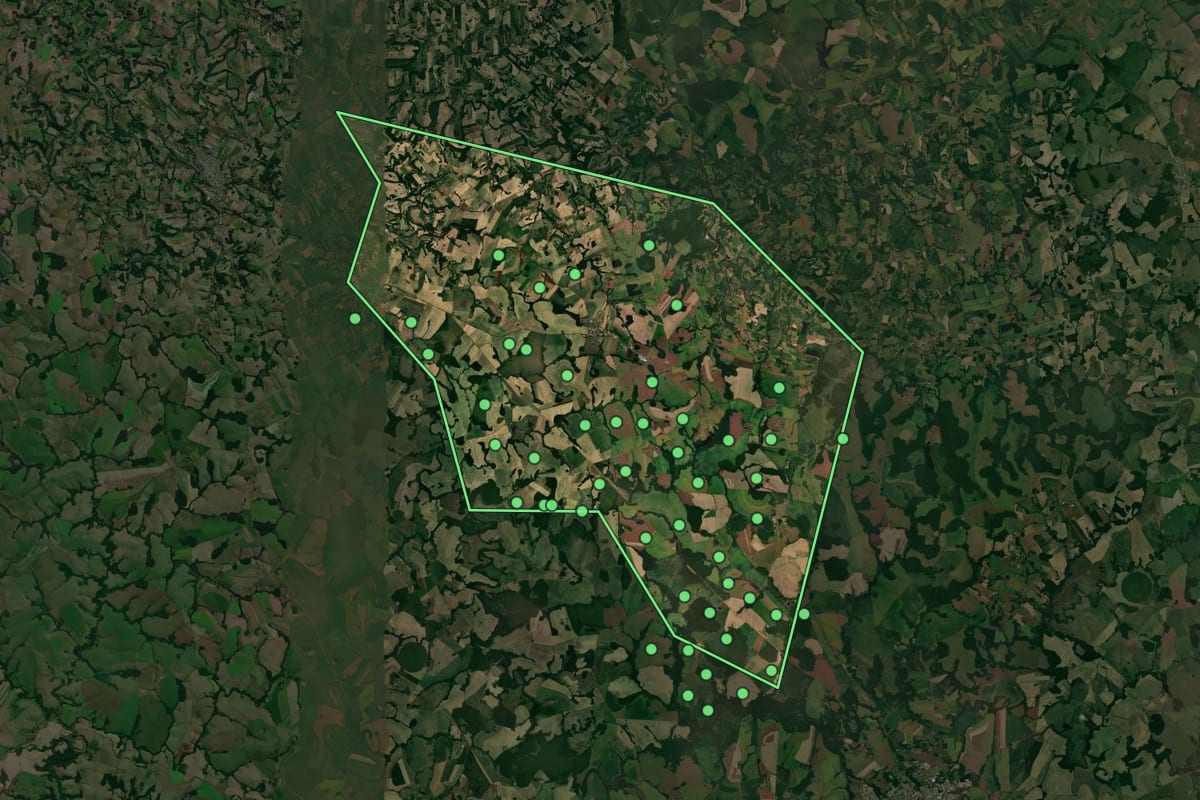Imagem de satélite de Almirante Tamandaré do Sul (RS), com o contorno do município e a posição dos imóveis desta página.