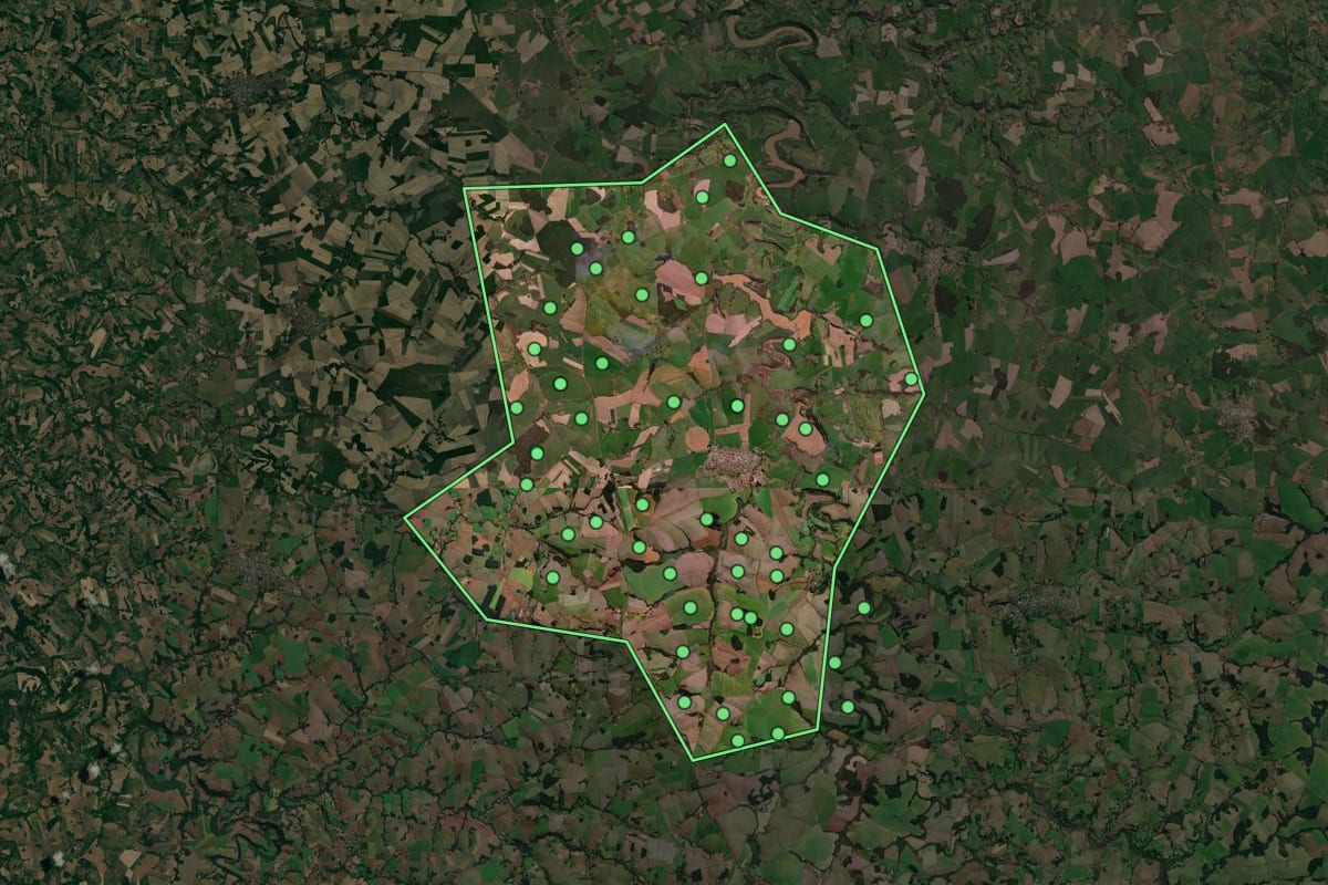 Imagem de satélite de Campo Novo (RS), com o contorno do município e a posição dos imóveis desta página.