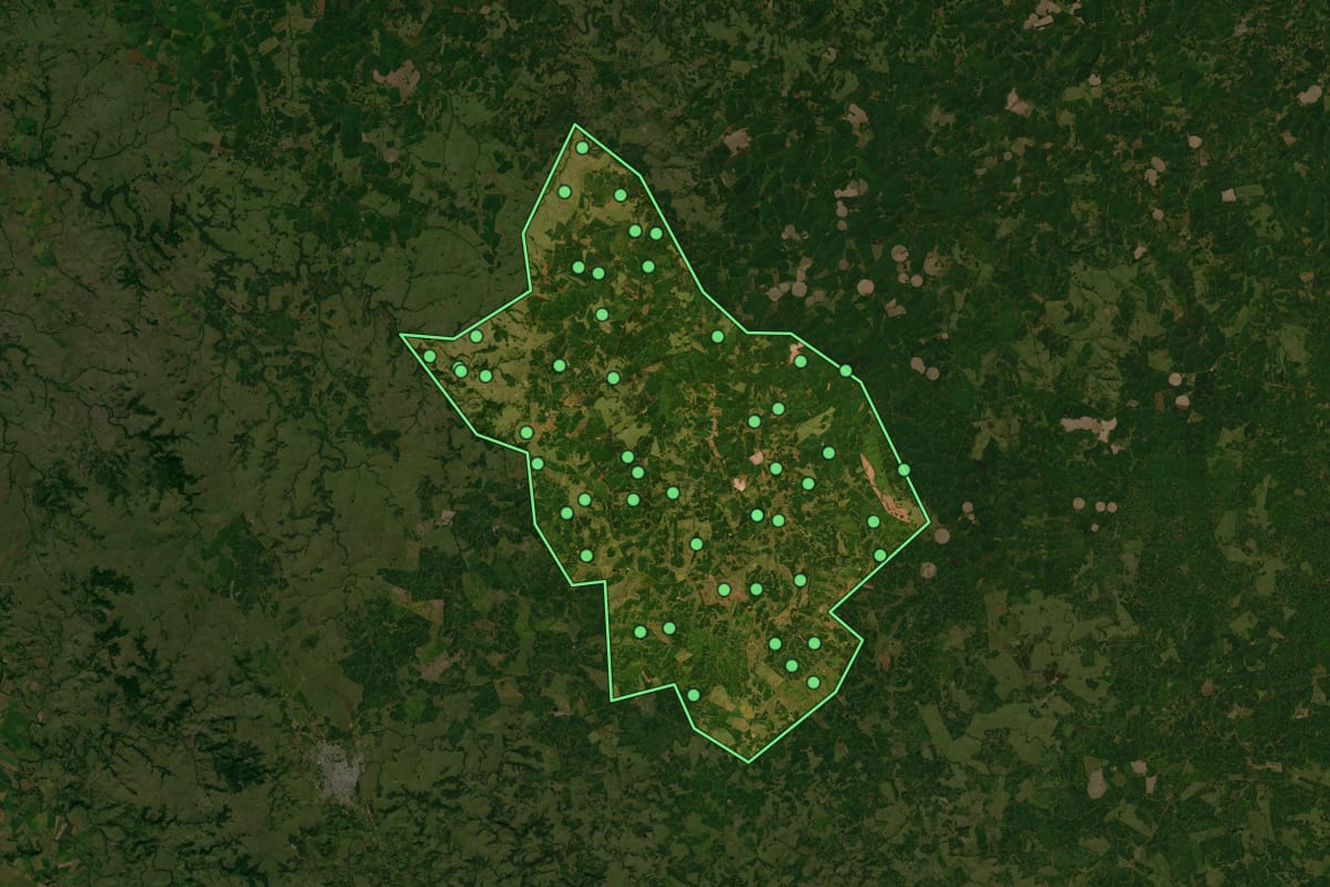 Imagem de satélite de Capão do Cipó (RS), com o contorno do município e a posição dos imóveis desta página.