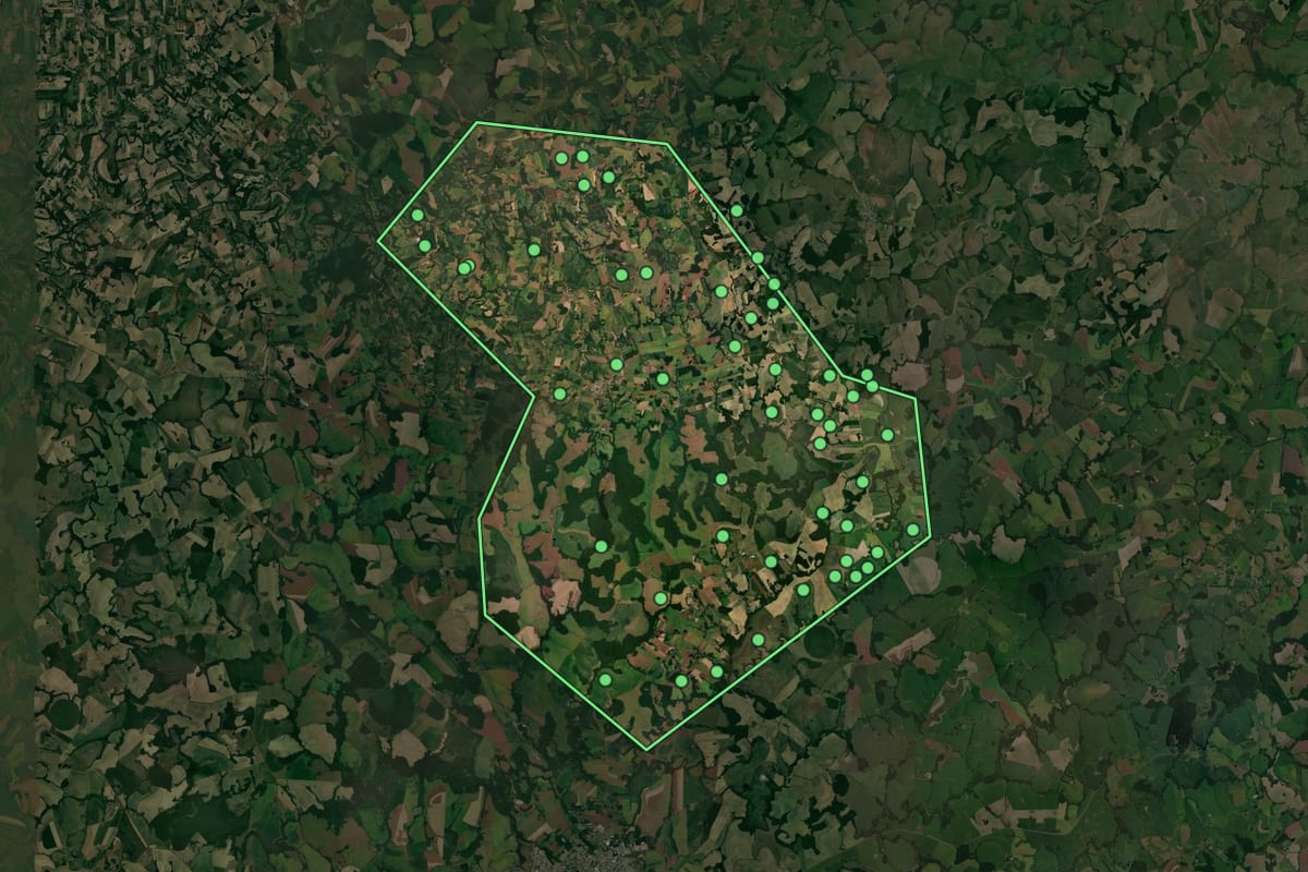 Imagem de satélite de Coqueiros do Sul (RS), com o contorno do município e a posição dos imóveis desta página.