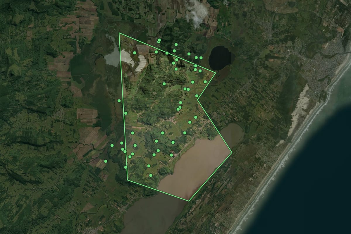 Imagem de satélite de Dom Pedro de Alcântara (RS), com o contorno do município e a posição dos imóveis desta página.