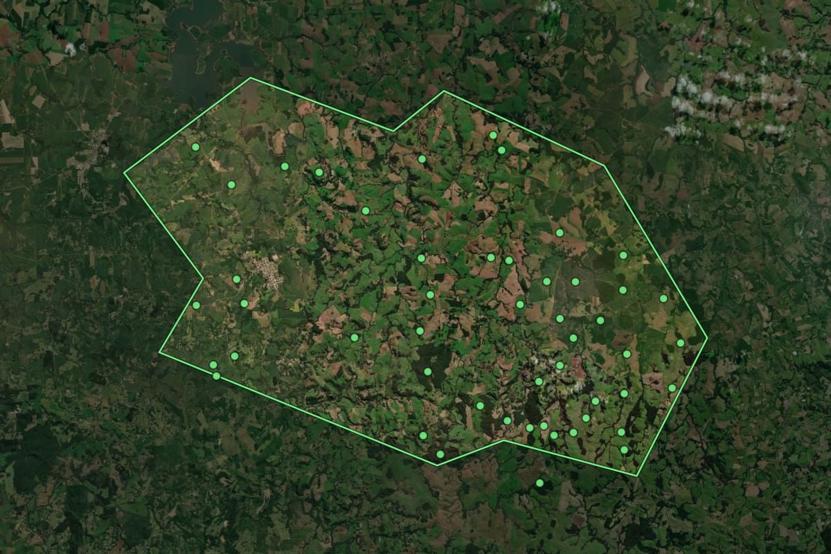 Imagem de satélite de Ibirapuitã (RS), com o contorno do município e a posição dos imóveis desta página.