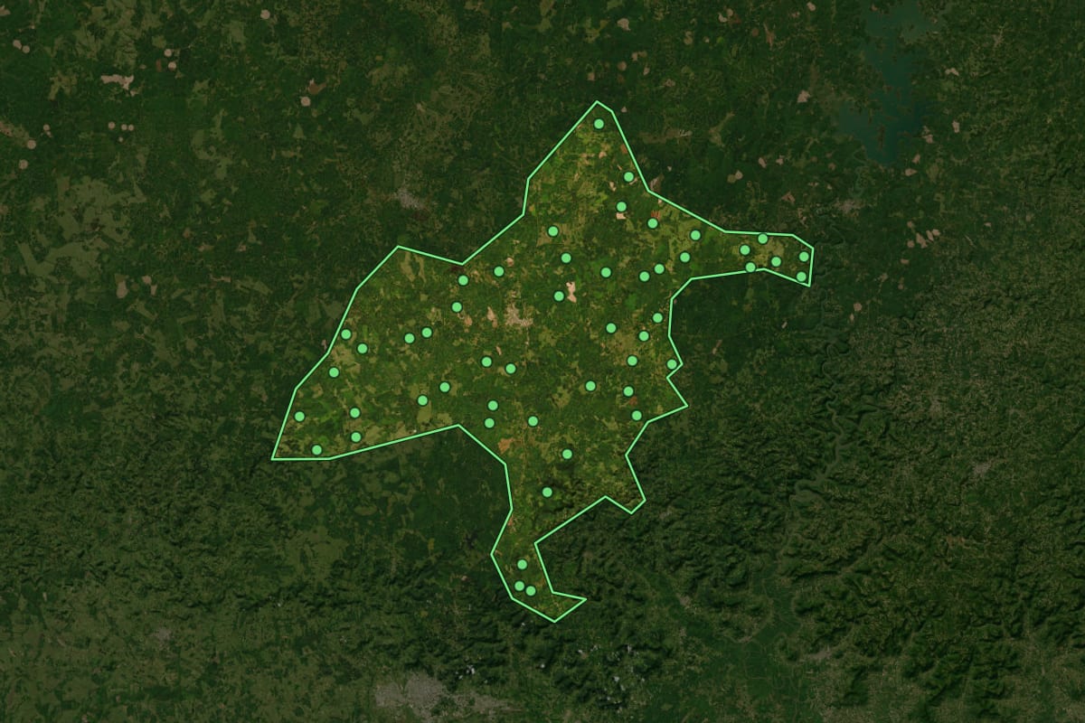 Imagem de satélite de Júlio de Castilhos (RS), com o contorno do município e a posição dos imóveis desta página.