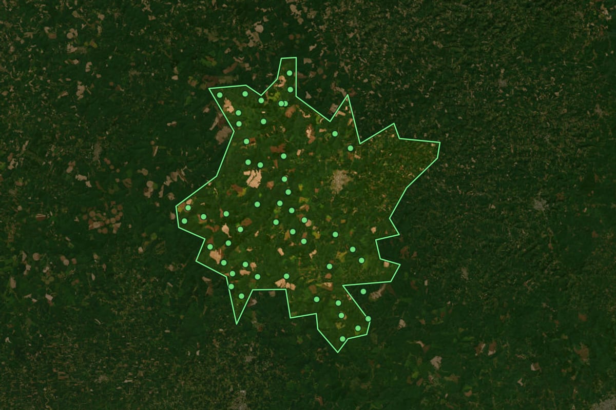 Imagem de satélite de Palmeira das Missões (RS), com o contorno do município e a posição dos imóveis desta página.