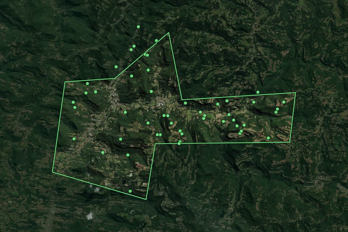 Imagem de satélite de Picada Café (RS), com o contorno do município e a posição dos imóveis desta página.