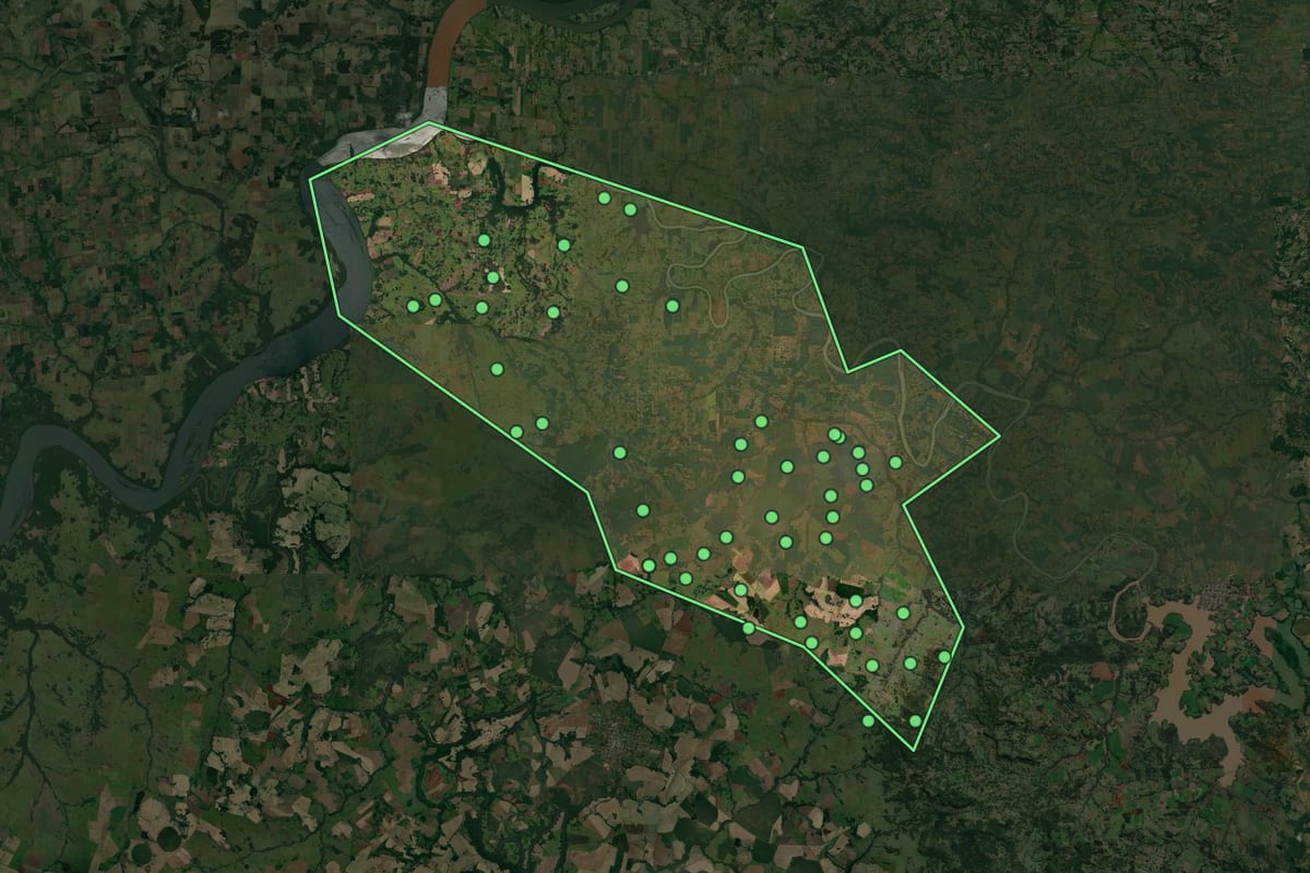Imagem de satélite de Pirapó (RS), com o contorno do município e a posição dos imóveis desta página.