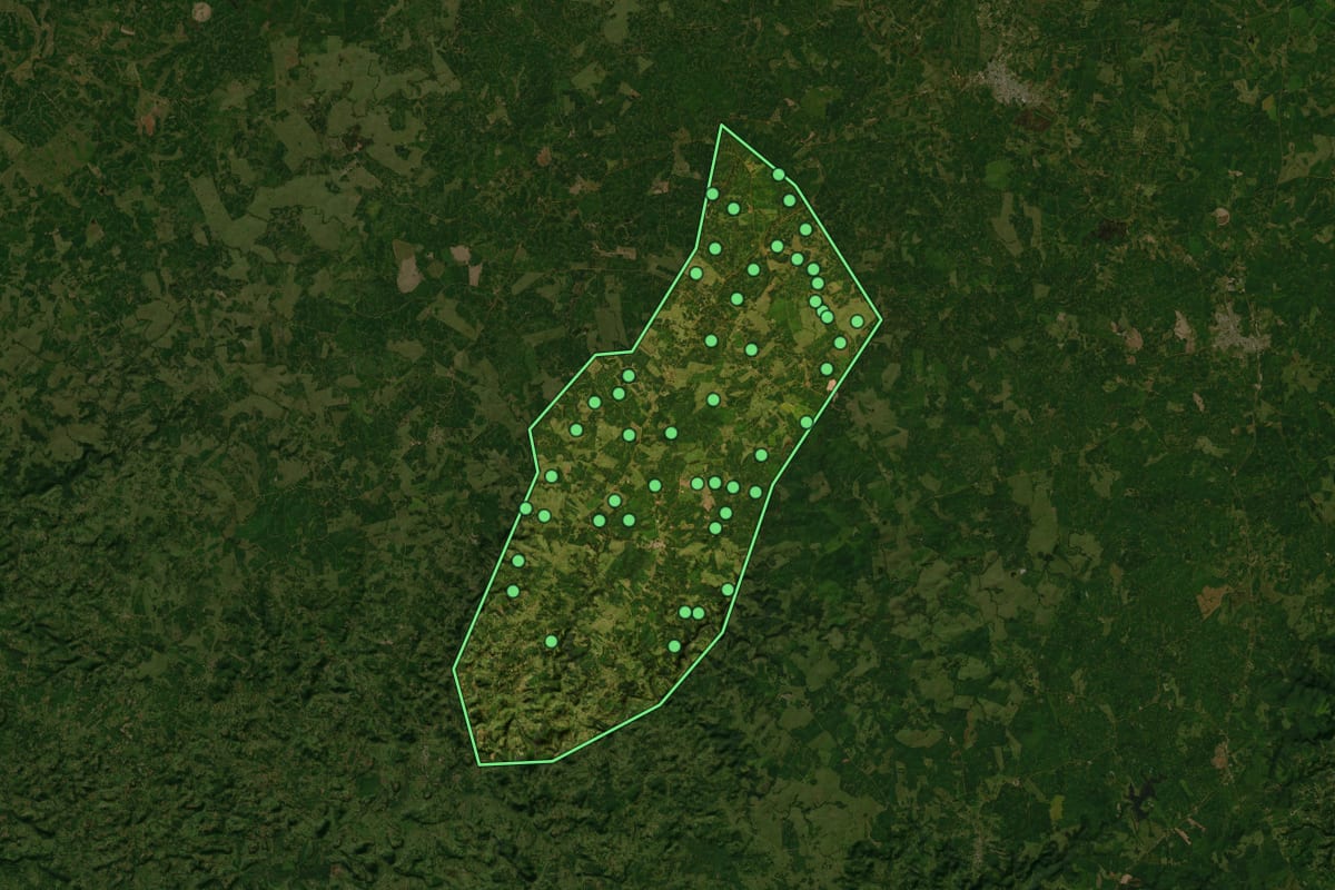 Imagem de satélite de Quevedos (RS), com o contorno do município e a posição dos imóveis desta página.