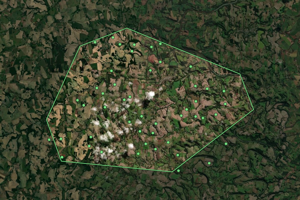Imagem de satélite de São José das Missões (RS), com o contorno do município e a posição dos imóveis desta página.