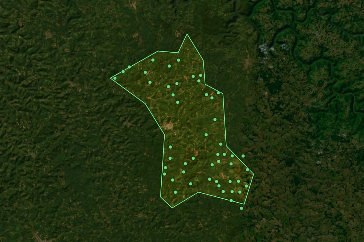Imagem de satélite de São José do Ouro (RS), com o contorno do município e a posição dos imóveis desta página.