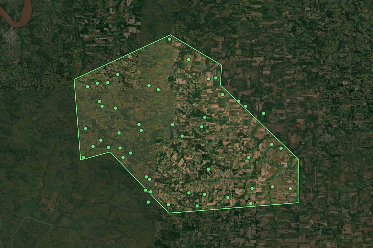 Imagem de satélite de São Paulo das Missões (RS), com o contorno do município e a posição dos imóveis desta página.