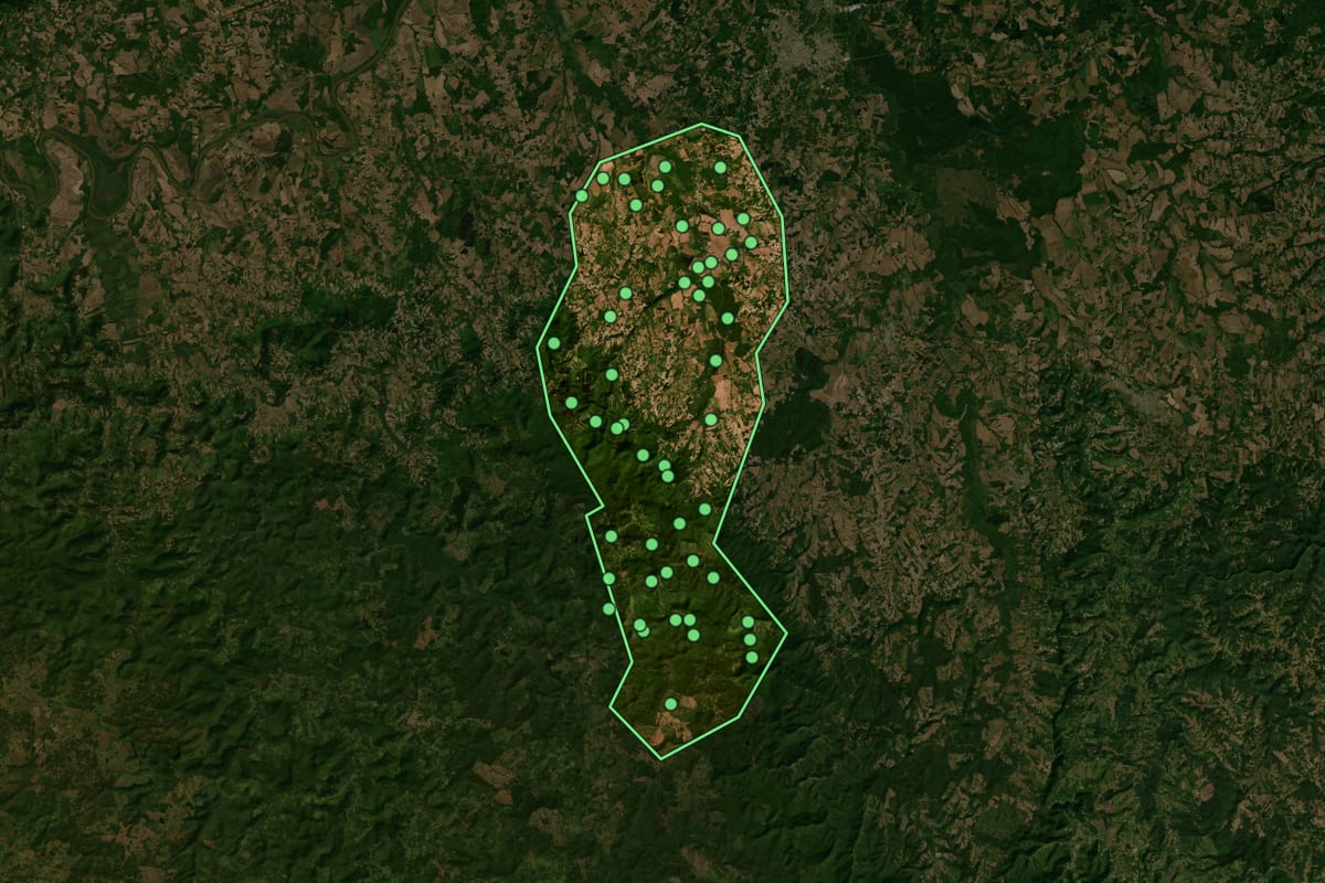Imagem de satélite de Bela Vista do Toldo (SC), com o contorno do município e a posição dos imóveis desta página.