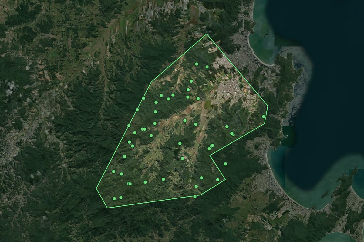 Imagem de satélite de Camboriú (SC), com o contorno do município e a posição dos imóveis desta página.