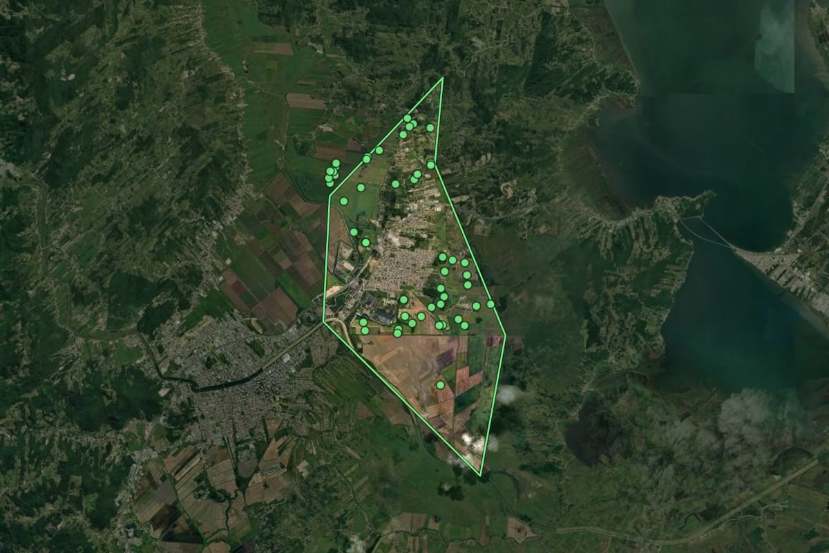 Imagem de satélite de Capivari de Baixo (SC), com o contorno do município e a posição dos imóveis desta página.