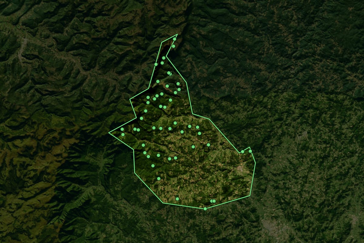 Imagem de satélite de Grão-Pará (SC), com o contorno do município e a posição dos imóveis desta página.
