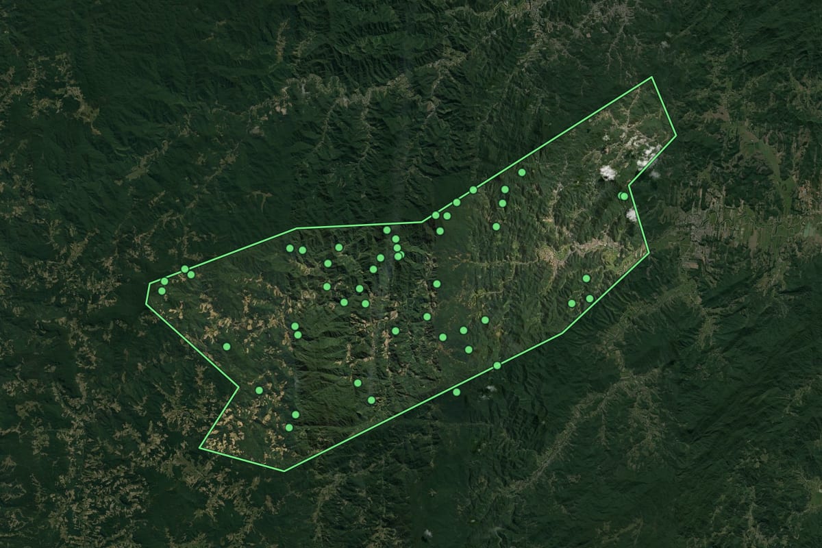 Imagem de satélite de Nova Trento (SC), com o contorno do município e a posição dos imóveis desta página.