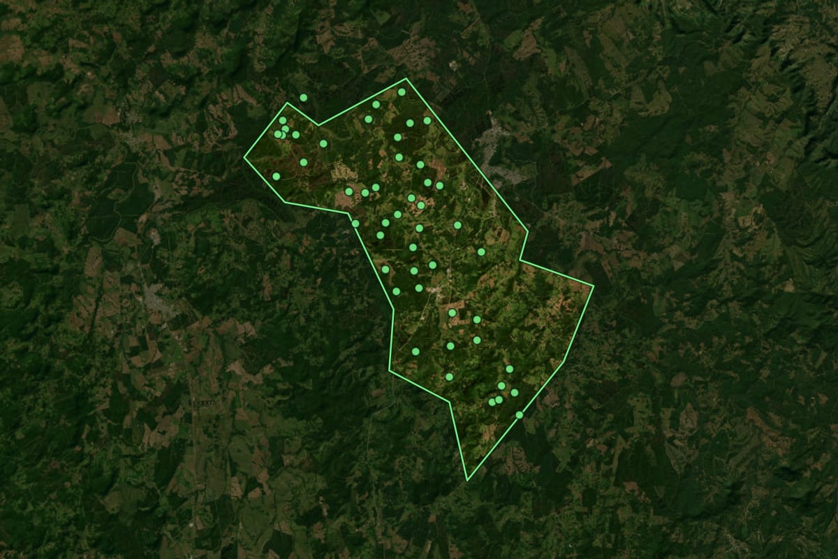 Imagem de satélite de Palmeira (SC), com o contorno do município e a posição dos imóveis desta página.