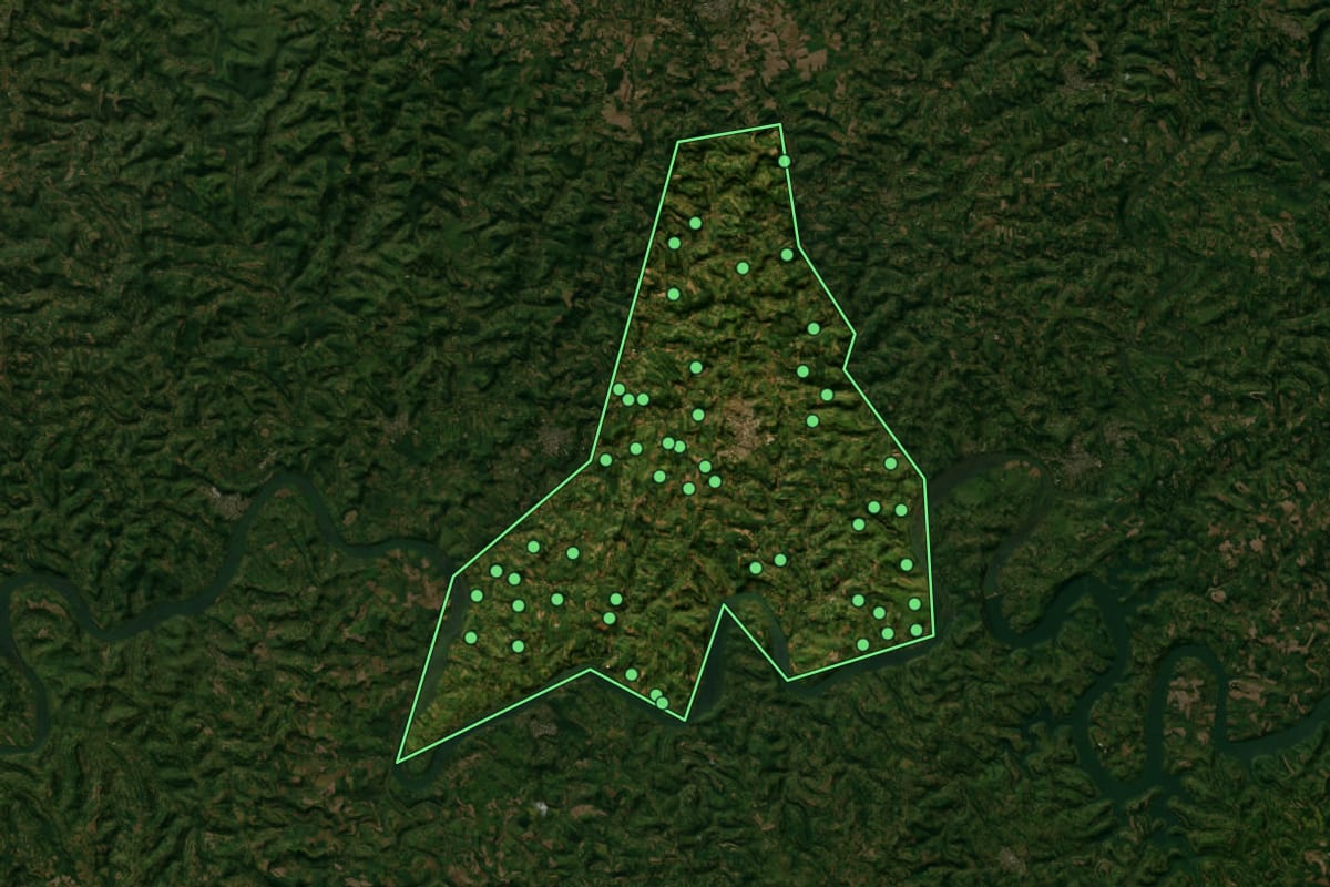 Imagem de satélite de Palmitos (SC), com o contorno do município e a posição dos imóveis desta página.