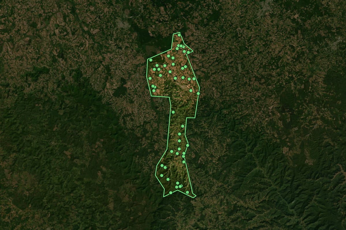 Imagem de satélite de Papanduva (SC), com o contorno do município e a posição dos imóveis desta página.