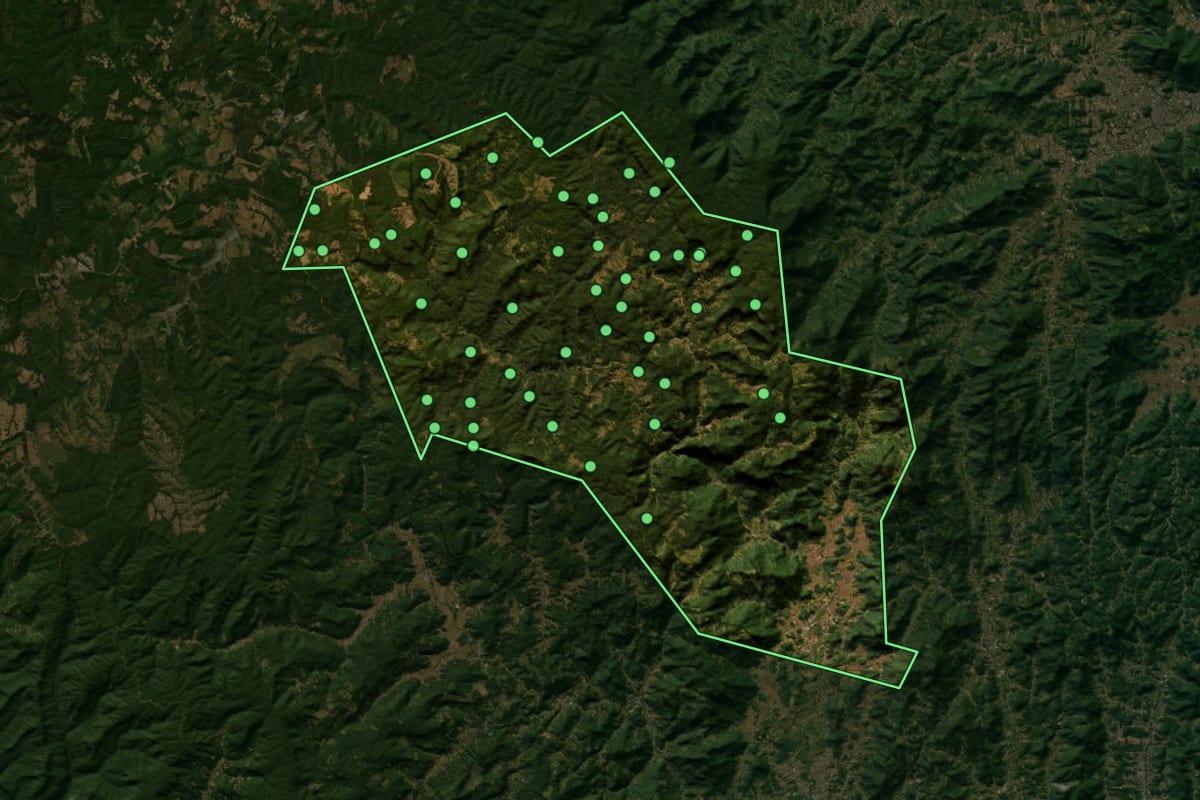 Imagem de satélite de Rio dos Cedros (SC), com o contorno do município e a posição dos imóveis desta página.